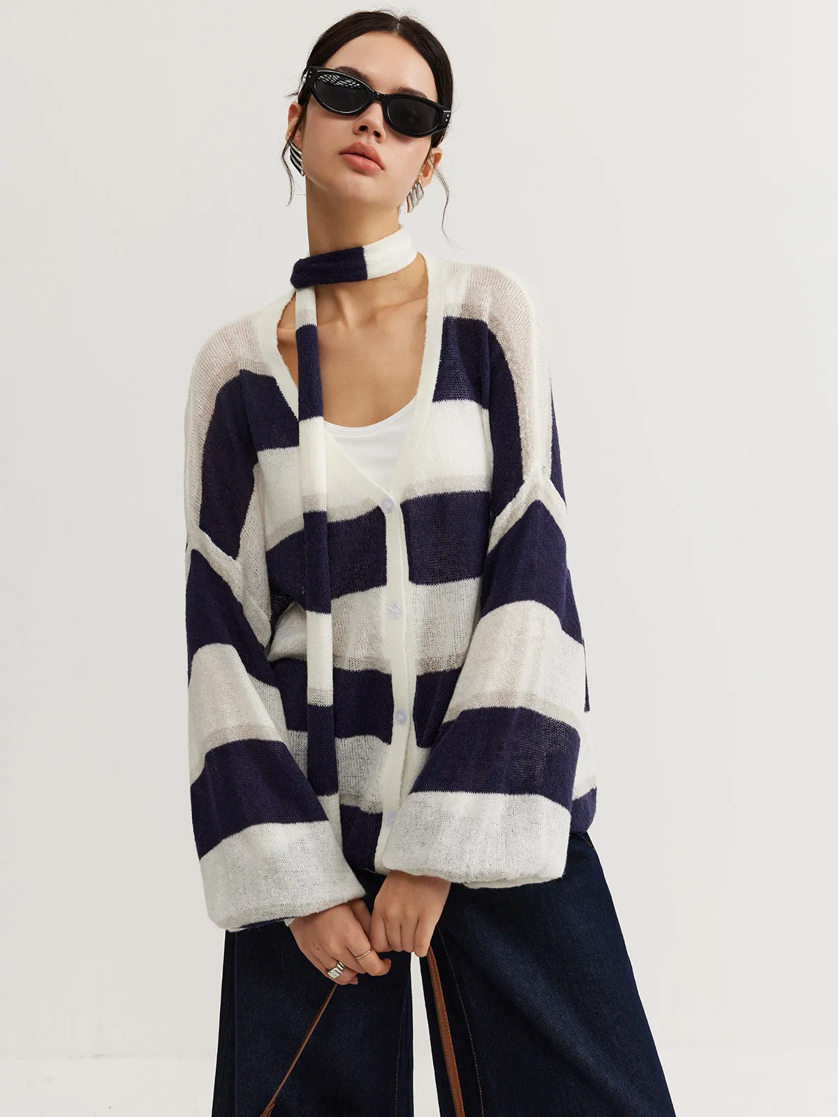 Striped Breasted Thin Cardigan With Matching Scarf