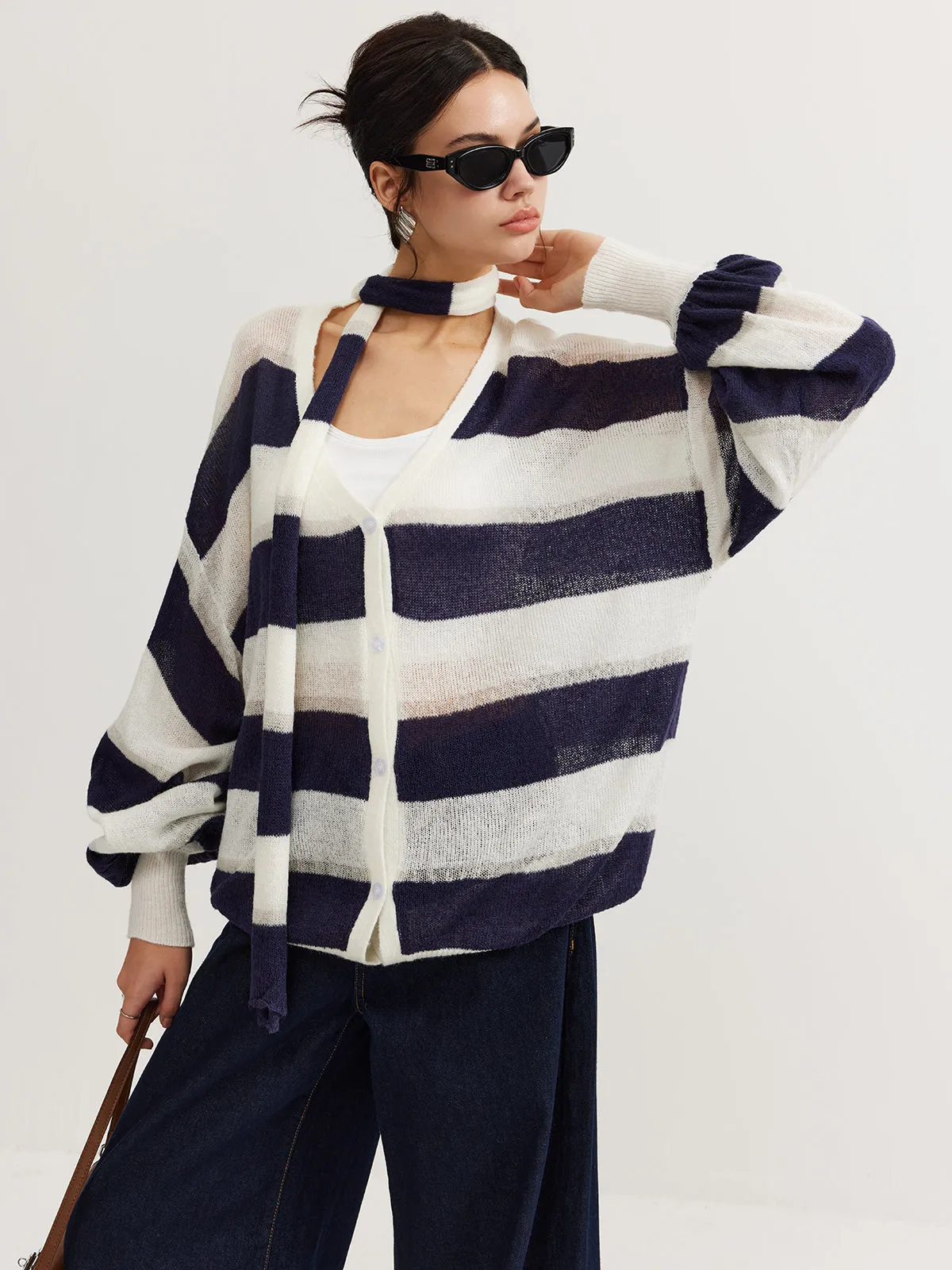 Striped Breasted Thin Cardigan With Matching Scarf