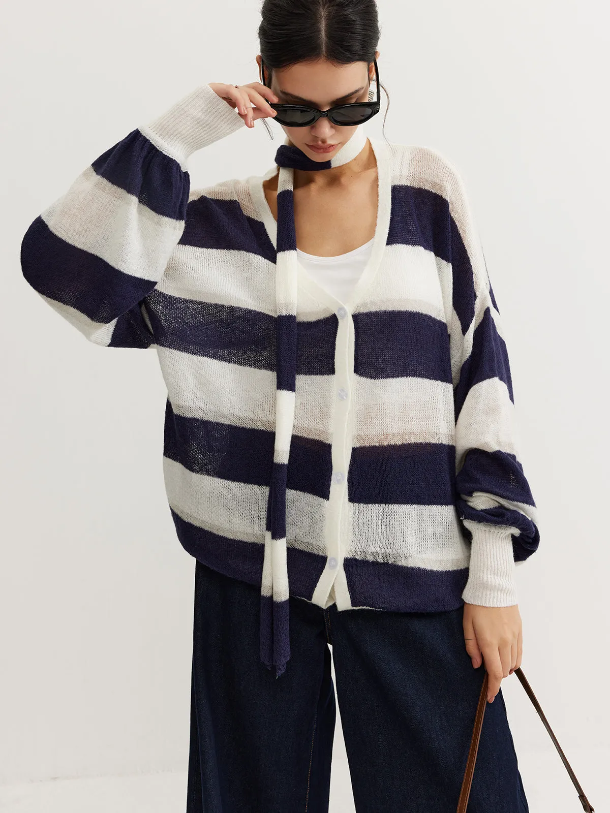 Striped Breasted Thin Cardigan With Matching Scarf