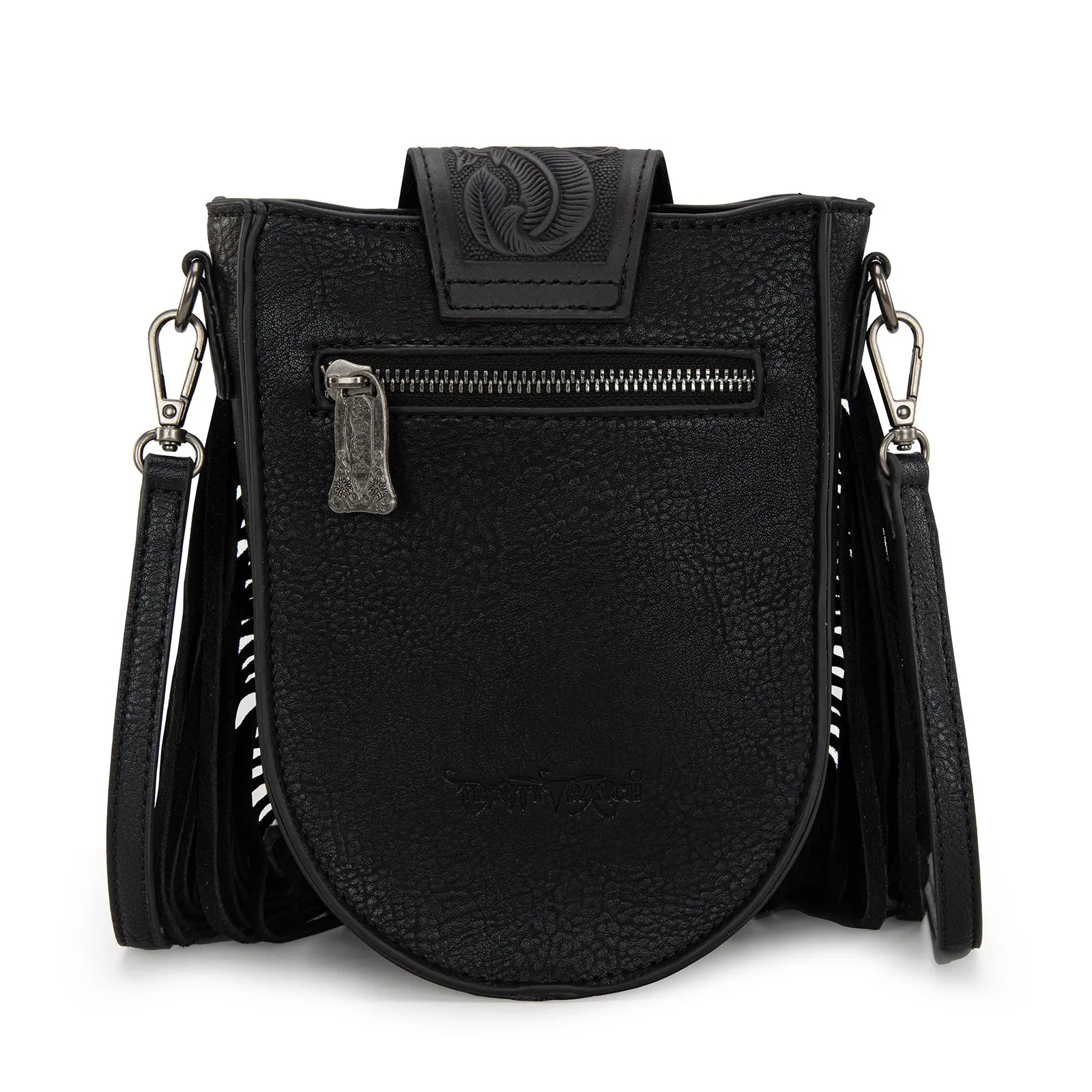 TR180-8360  Trinity Ranch Genuine Hair-On Cowhide Tooled Fringe  Crossbody Bag- Black