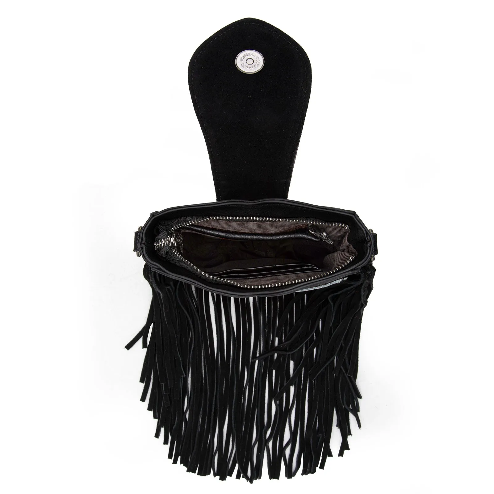 TR180-8360  Trinity Ranch Genuine Hair-On Cowhide Tooled Fringe  Crossbody Bag- Black