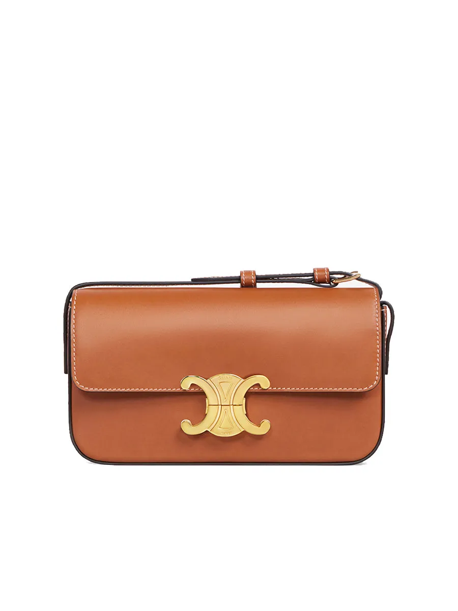 Triomphe Shoulder Bag in Shiny Calfskin in Natural Tan