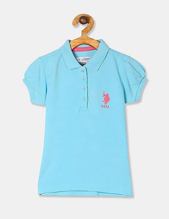 U.S. Polo Assn. Kids Girls Blue Puff Sleeve Pique Polo Shirt