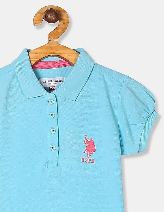 U.S. Polo Assn. Kids Girls Blue Puff Sleeve Pique Polo Shirt