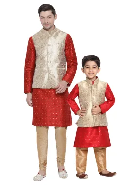 Vastramay Silk Blend Rose Gold and Maroon Baap Beta Jacket Kurta Pyjama set