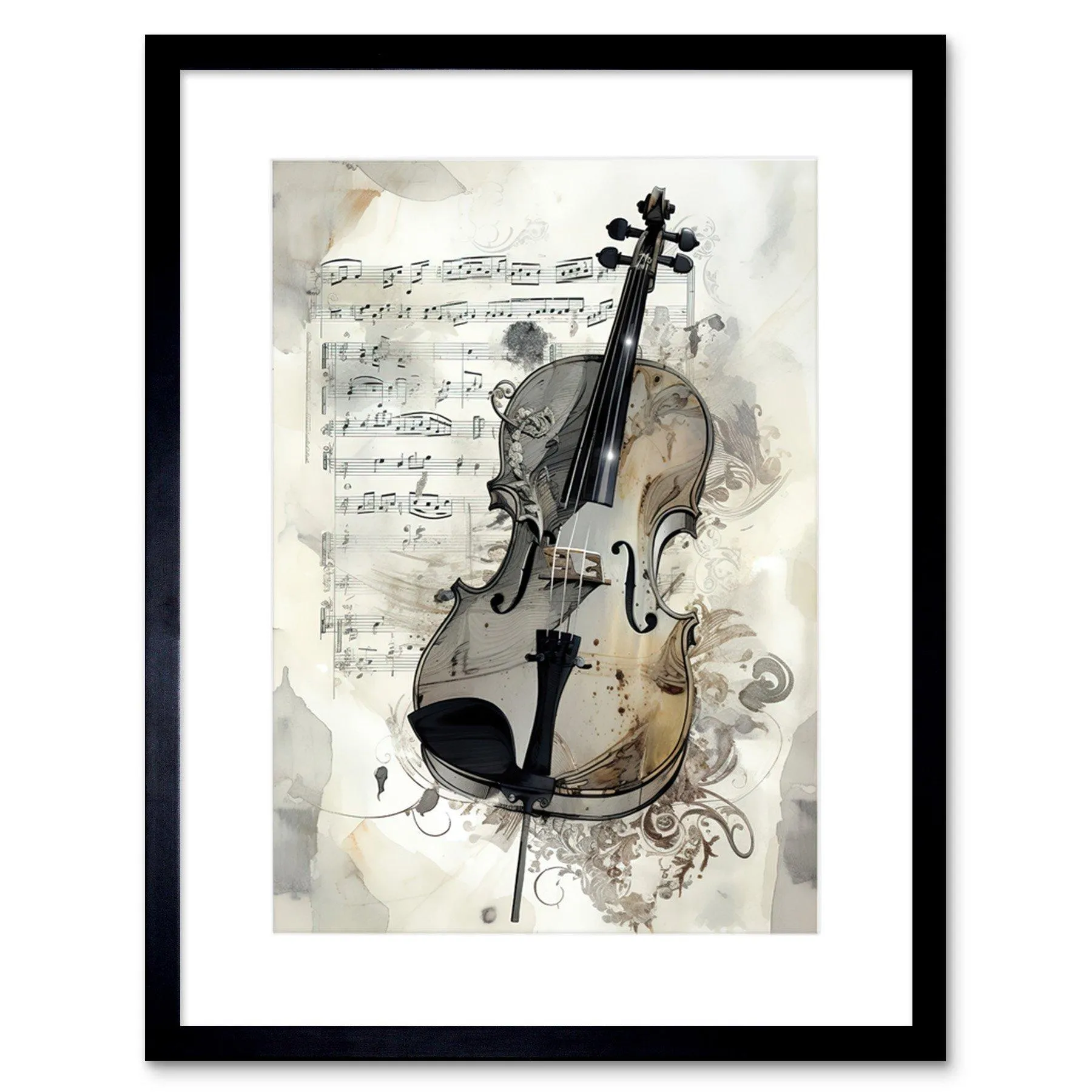 Wall Art & Pictures | Wall Art Print Violin Instrument and Sheet Music Modern Monochrome Watercolour Artwork Framed 9X7 Inch