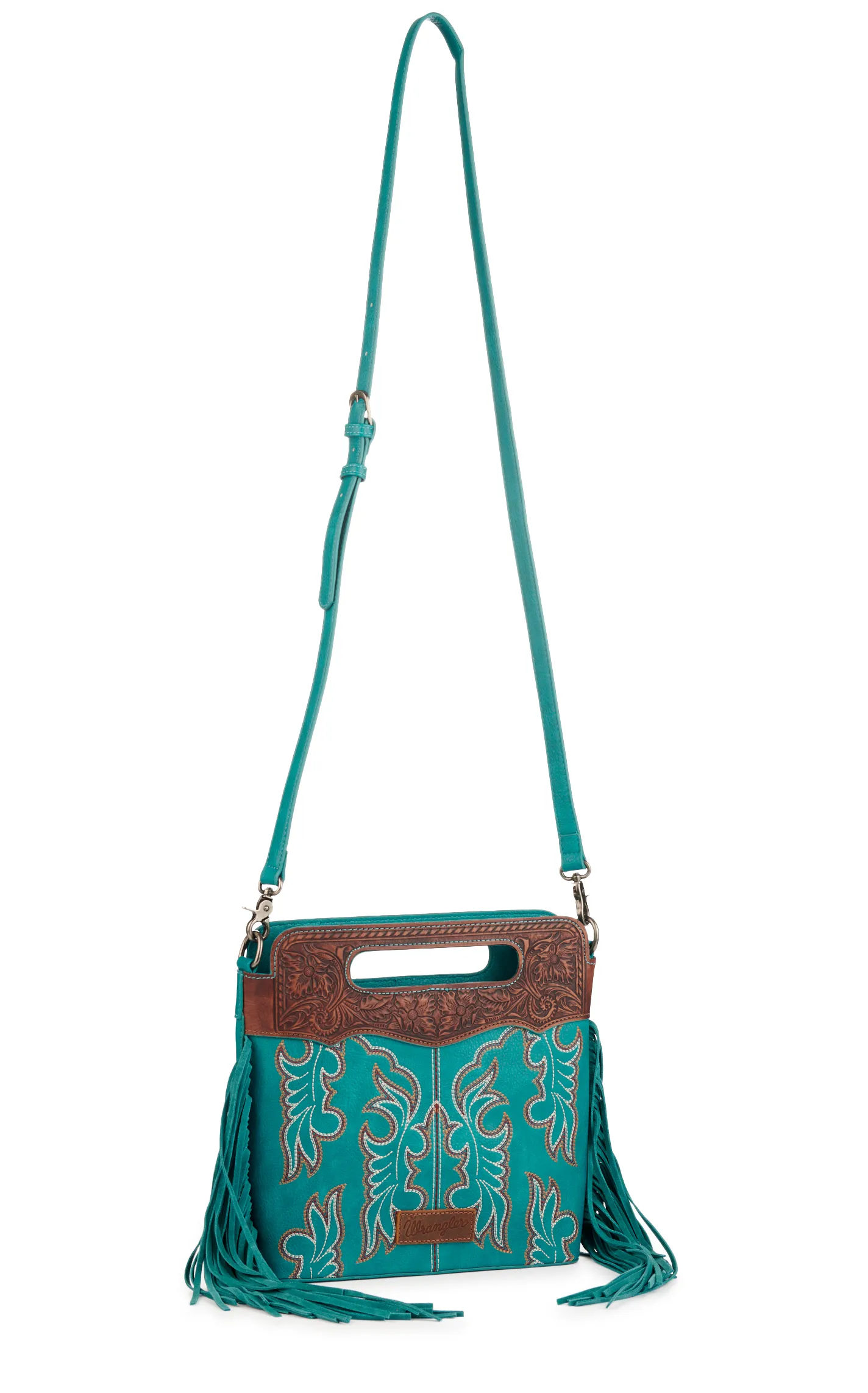 Wrangler Teal Tooled Floral Handle & Fringe Boot-Stitch Accent Concealed Carry Crossbody Bag