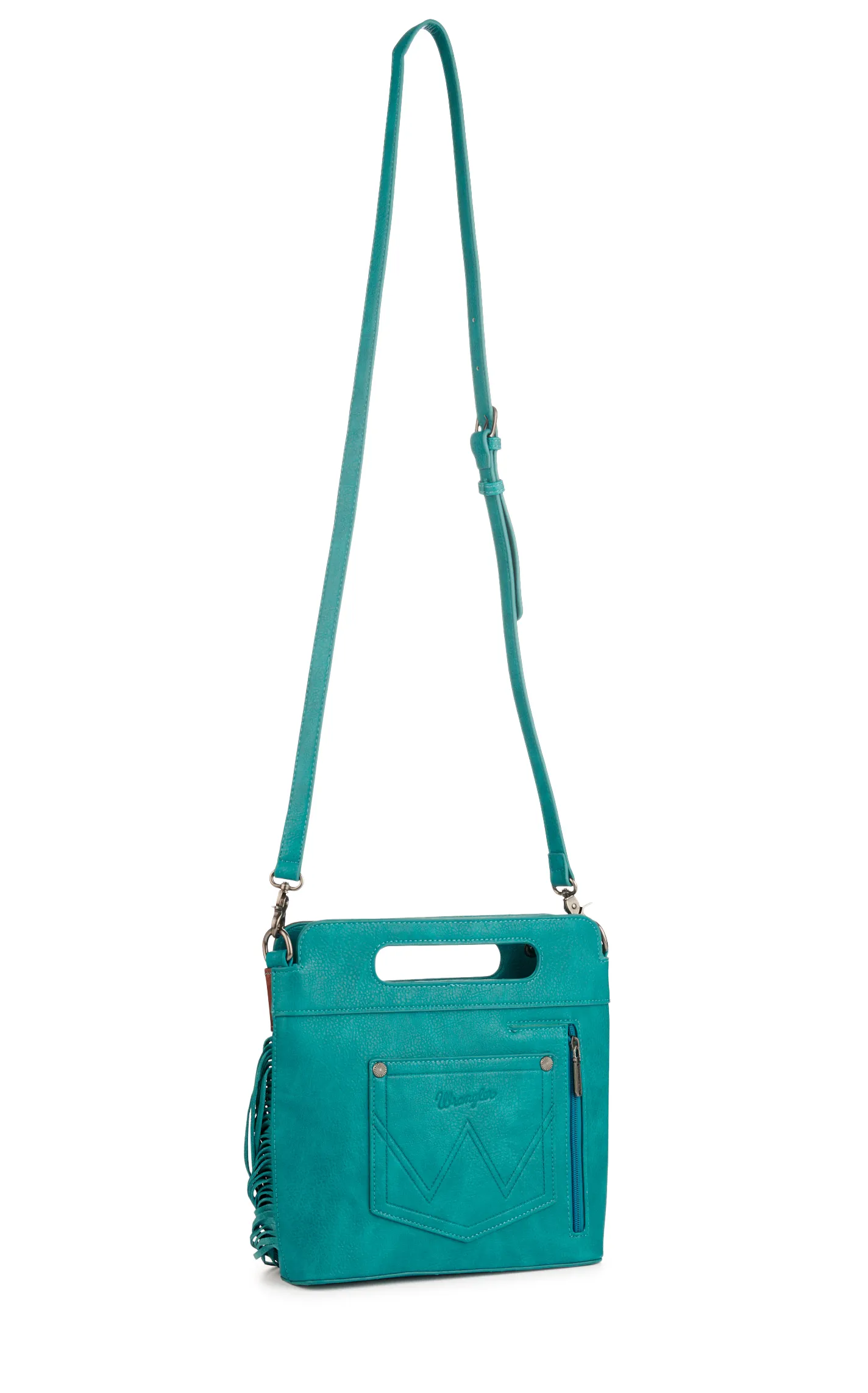 Wrangler Teal Tooled Floral Handle & Fringe Boot-Stitch Accent Concealed Carry Crossbody Bag