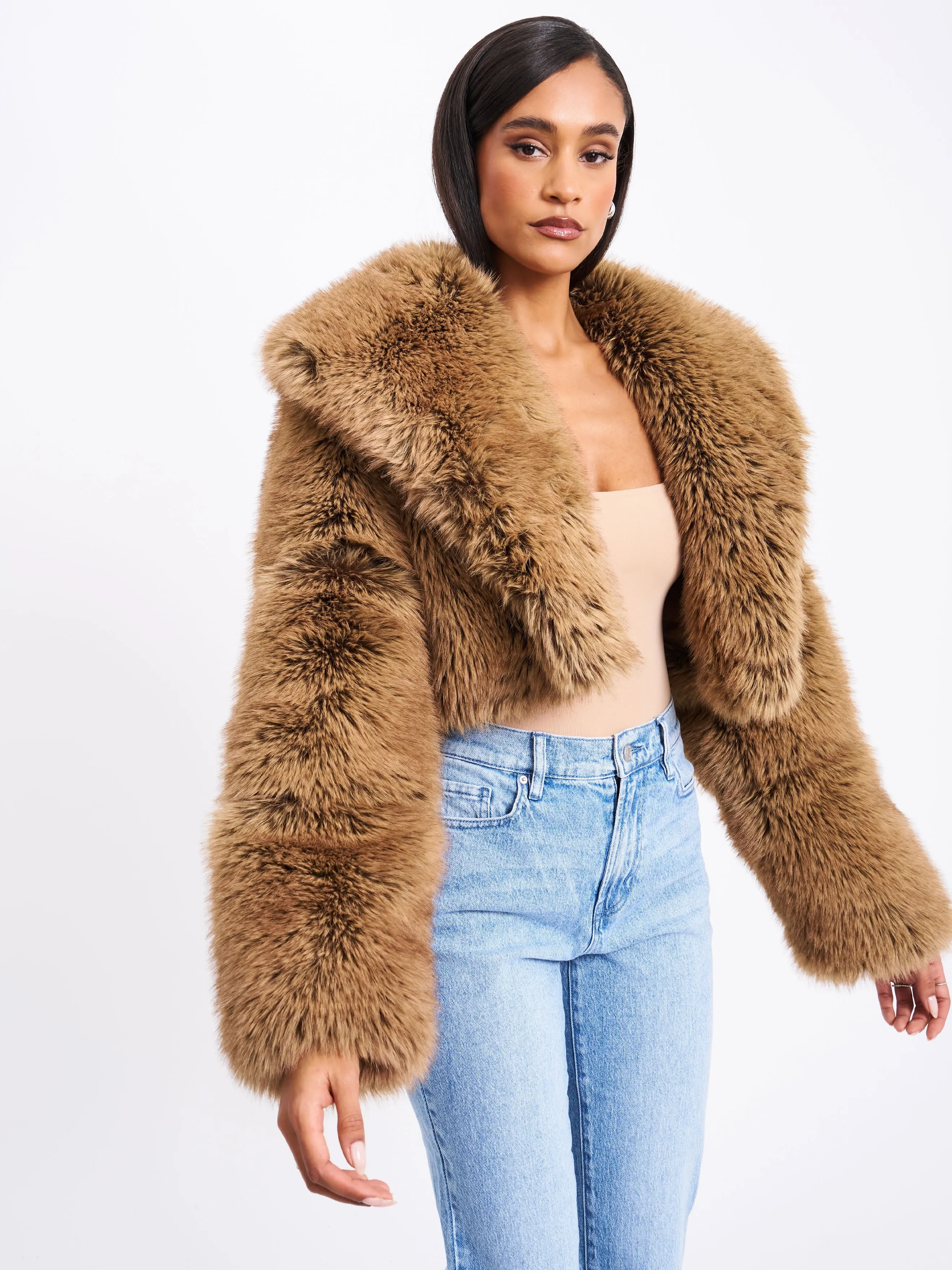 Yadavi Brown Vegan Fur Cropped Jacket